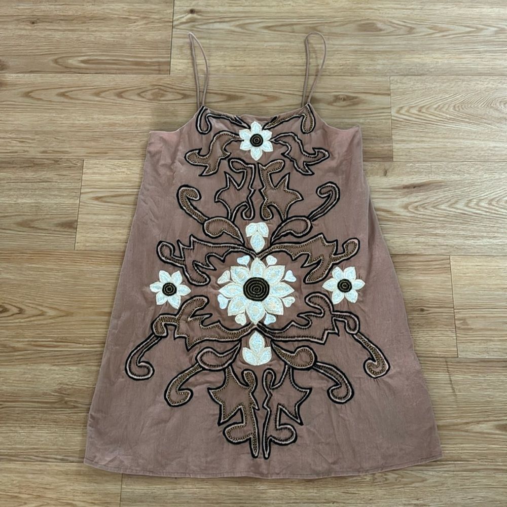 Anthropologie Brown and Cream Floral Embroidered Mini Dress - Picture 2 of 8